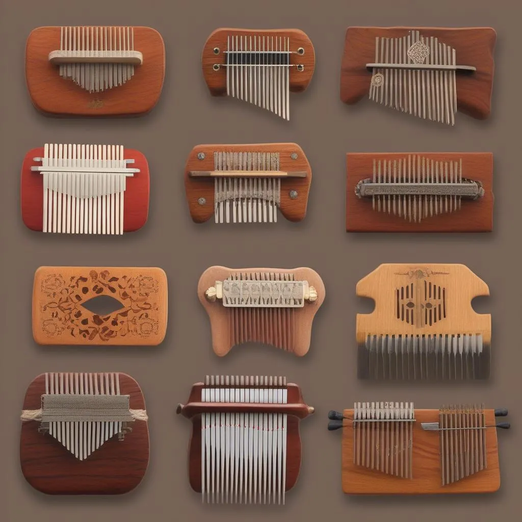 Nhiều loại Kalimba với màu sắc và kiểu dáng khác nhau