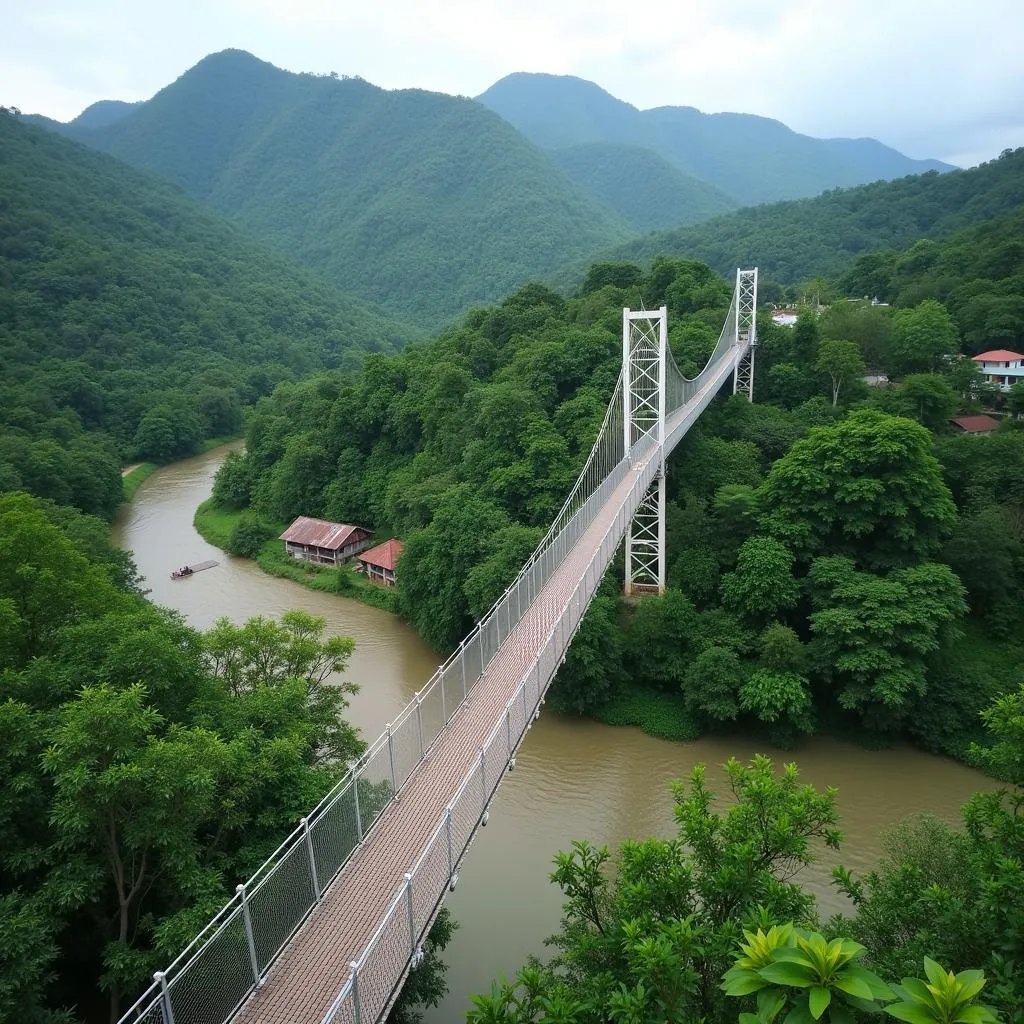 Cầu treo Kon Klor Kon Tum bắc qua dòng sông xanh mát