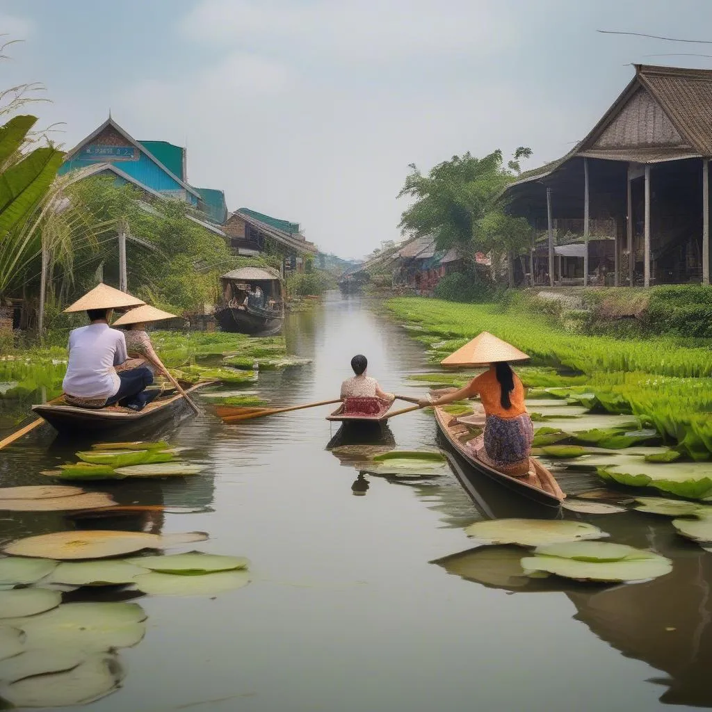 Du khách chèo xuồng khám phá làng nổi Tân Lập