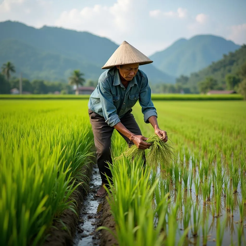 Hình ảnh người nông dân đang chăm sóc cây trồng