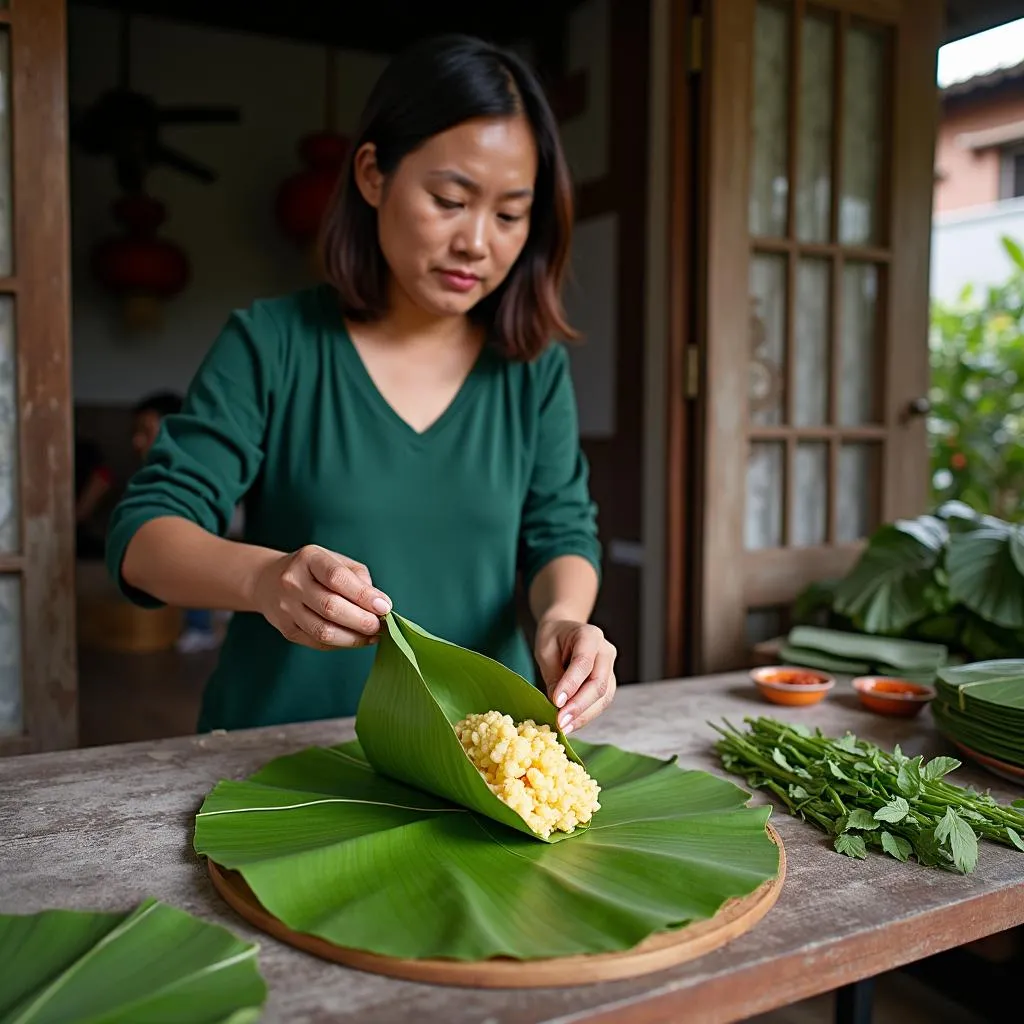 Người phụ nữ đang gọt lá dong gói bánh tét