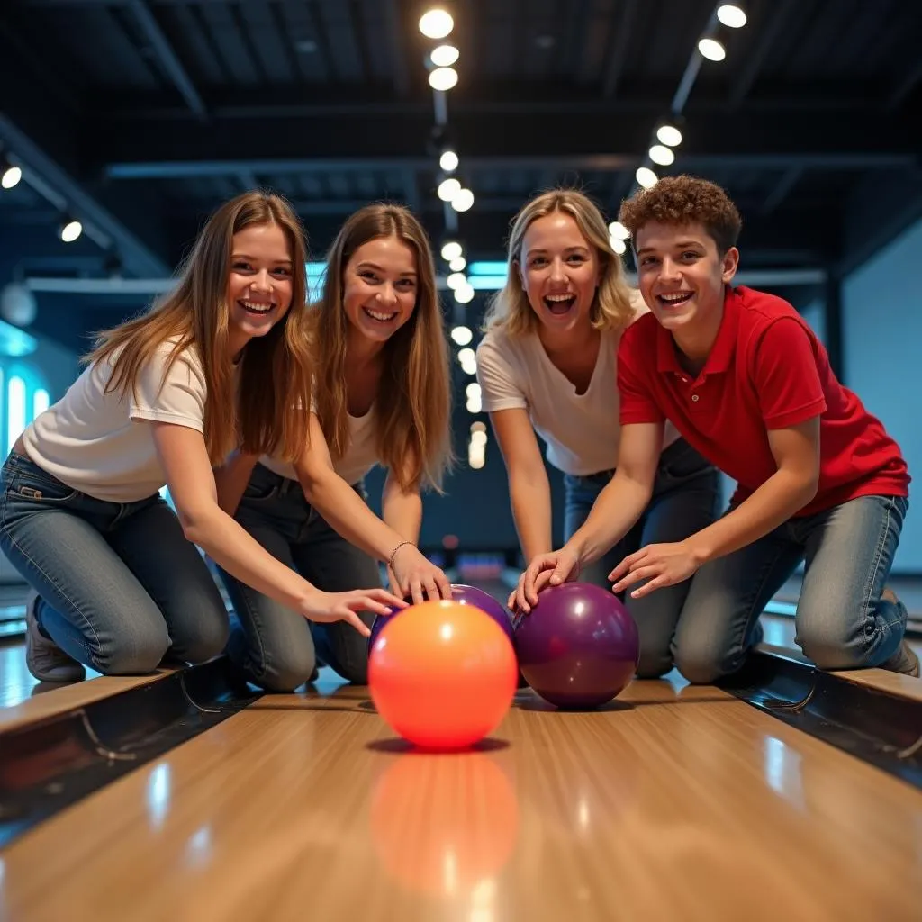 Nhóm bạn trẻ đang chơi bowling vui vẻ