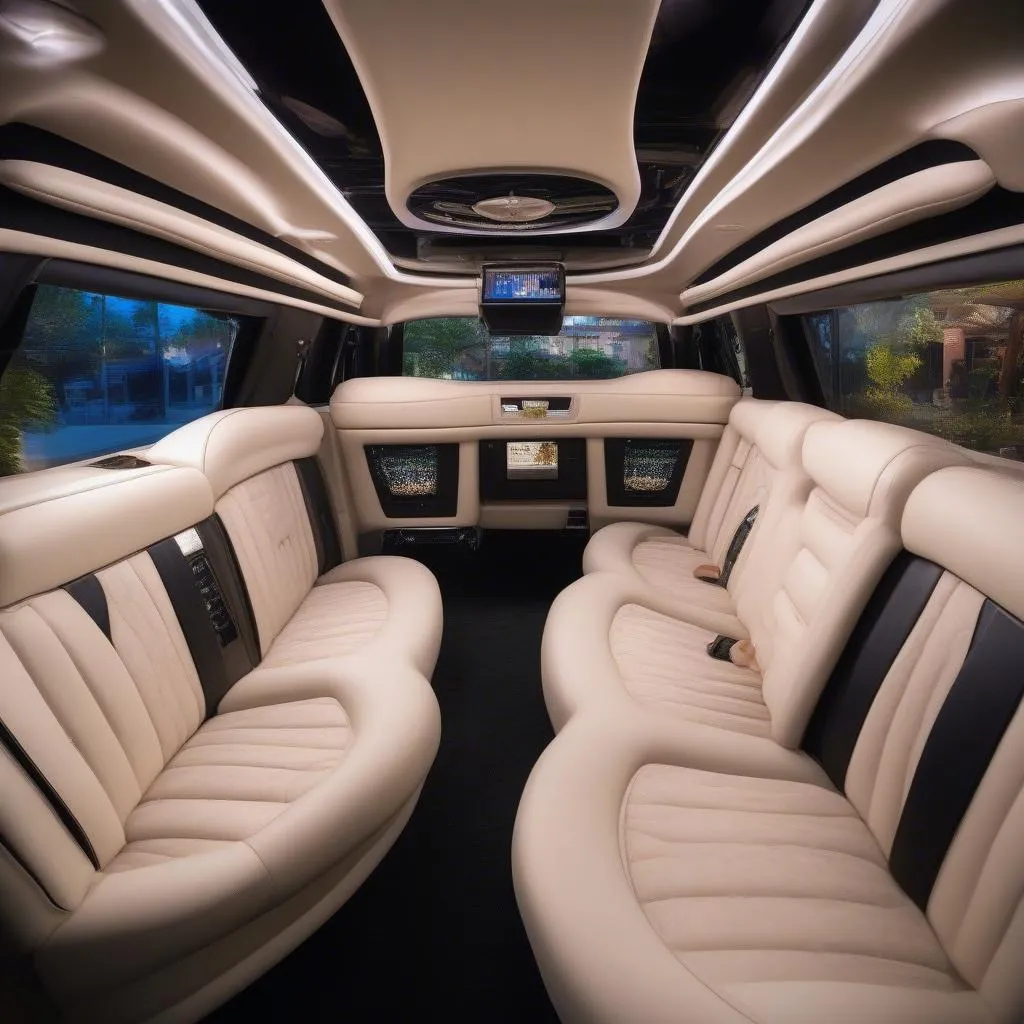 Nội thất xe limo hiện đại với ghế da cao cấp và đèn trần lấp lánh