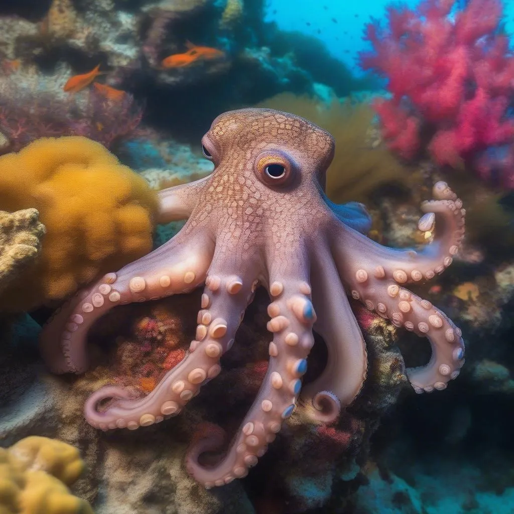 Octopus camouflaged on coral reef