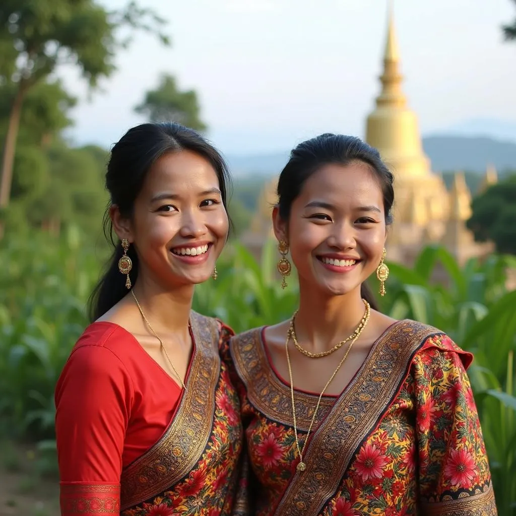 Phụ nữ Myanmar mặc trang phục truyền thống