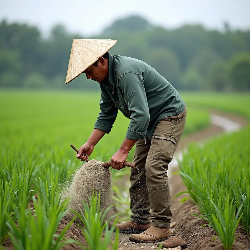 Nông dân đang bón phân đơn cho cây trồng