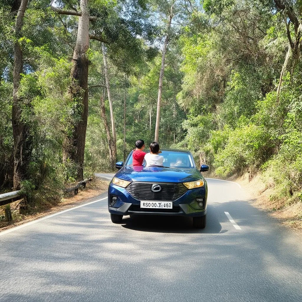 Couple driving a car on a road trip in Da Lat