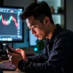 Hình ảnh Minh "Bitcoin" đang theo dõi biểu đồ biến động giá Bitcoin trên điện thoại