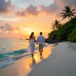 Cặp đôi đi bộ trên bãi biển Maldives