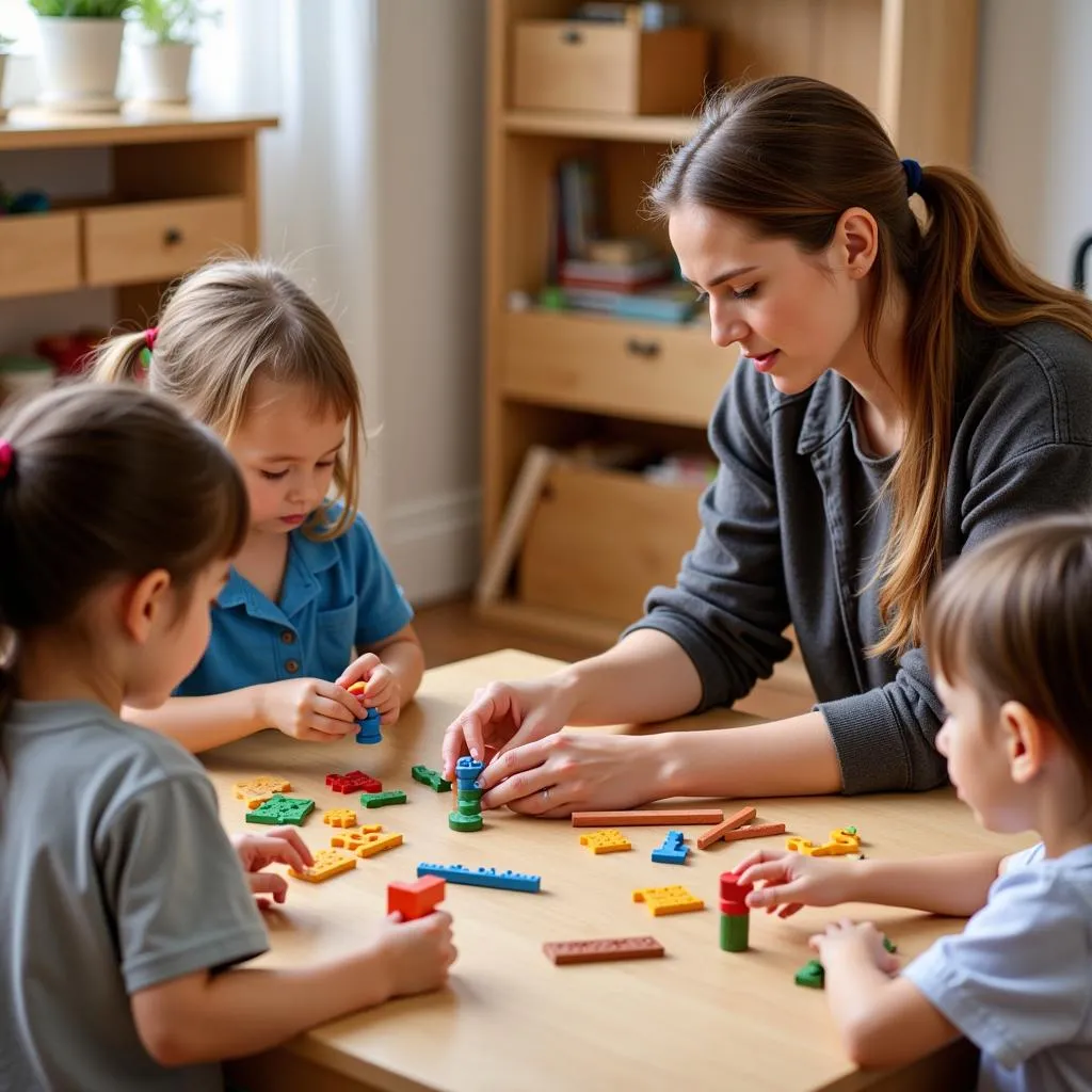 Giáo viên đang hướng dẫn trẻ học theo phương pháp Montessori