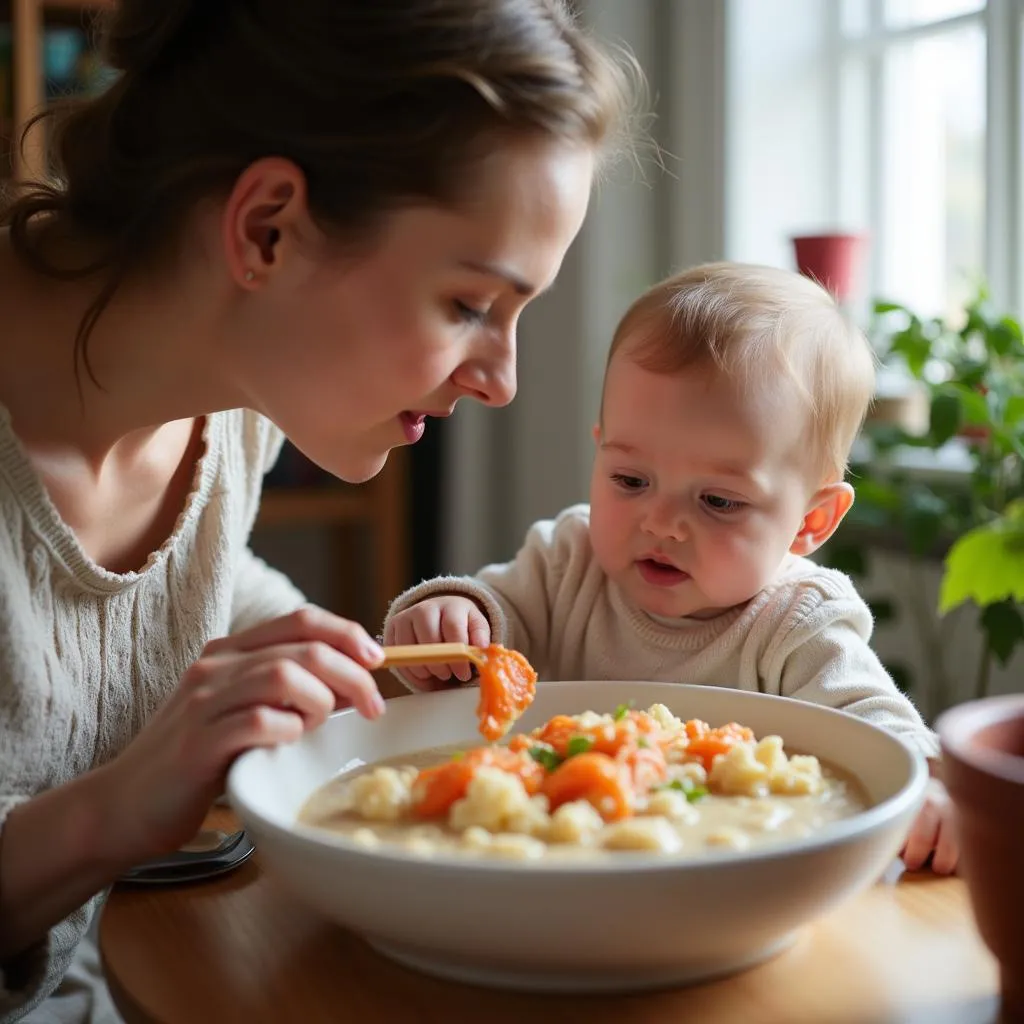 Mẹ đang cho bé ăn dặm với cháo cua