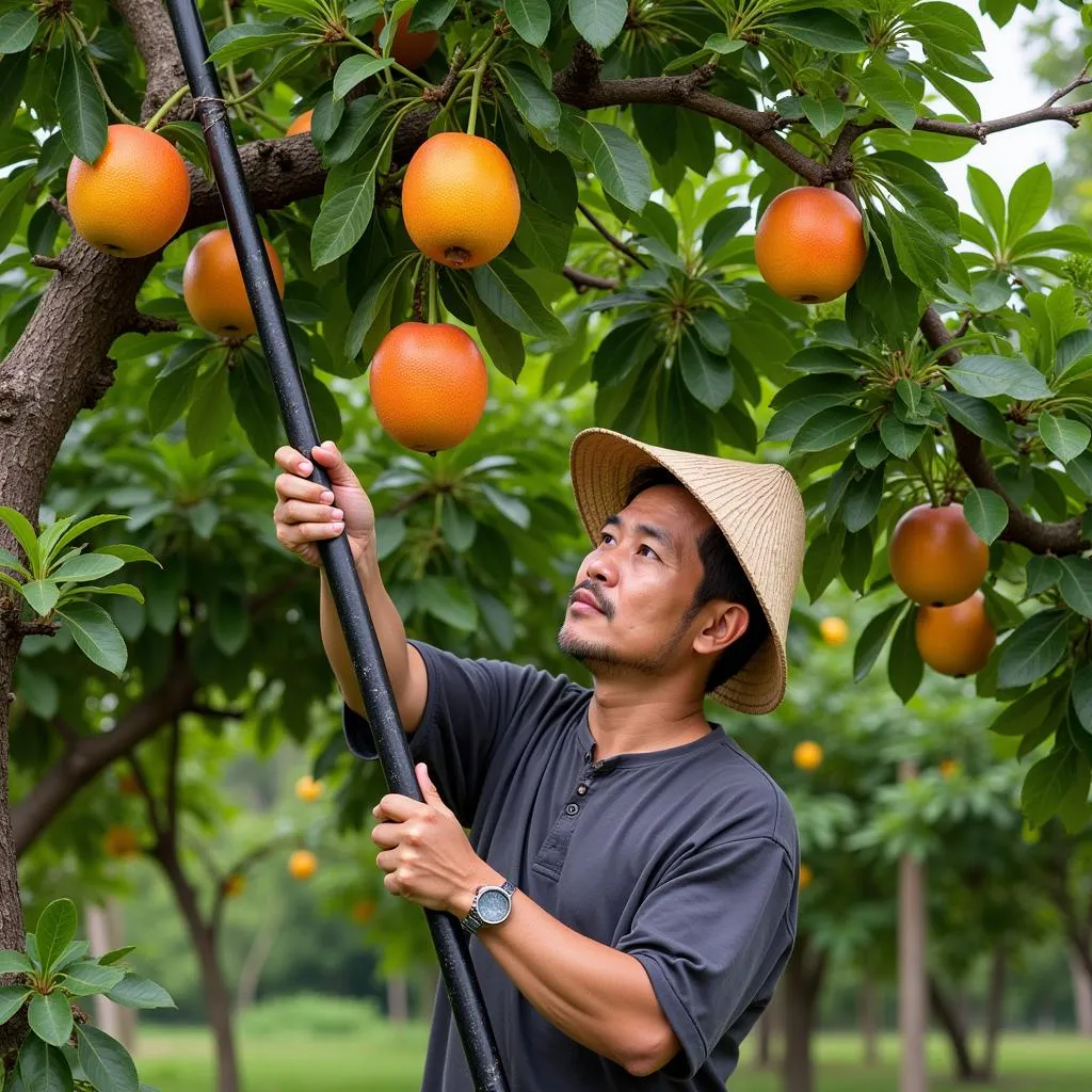 Người nông dân đang thu hoạch bòn bon