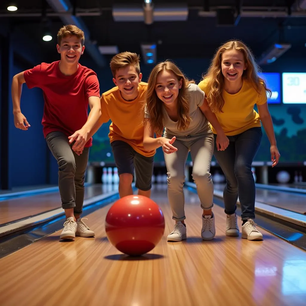 Nhóm bạn trẻ đang chơi bowling vui vẻ