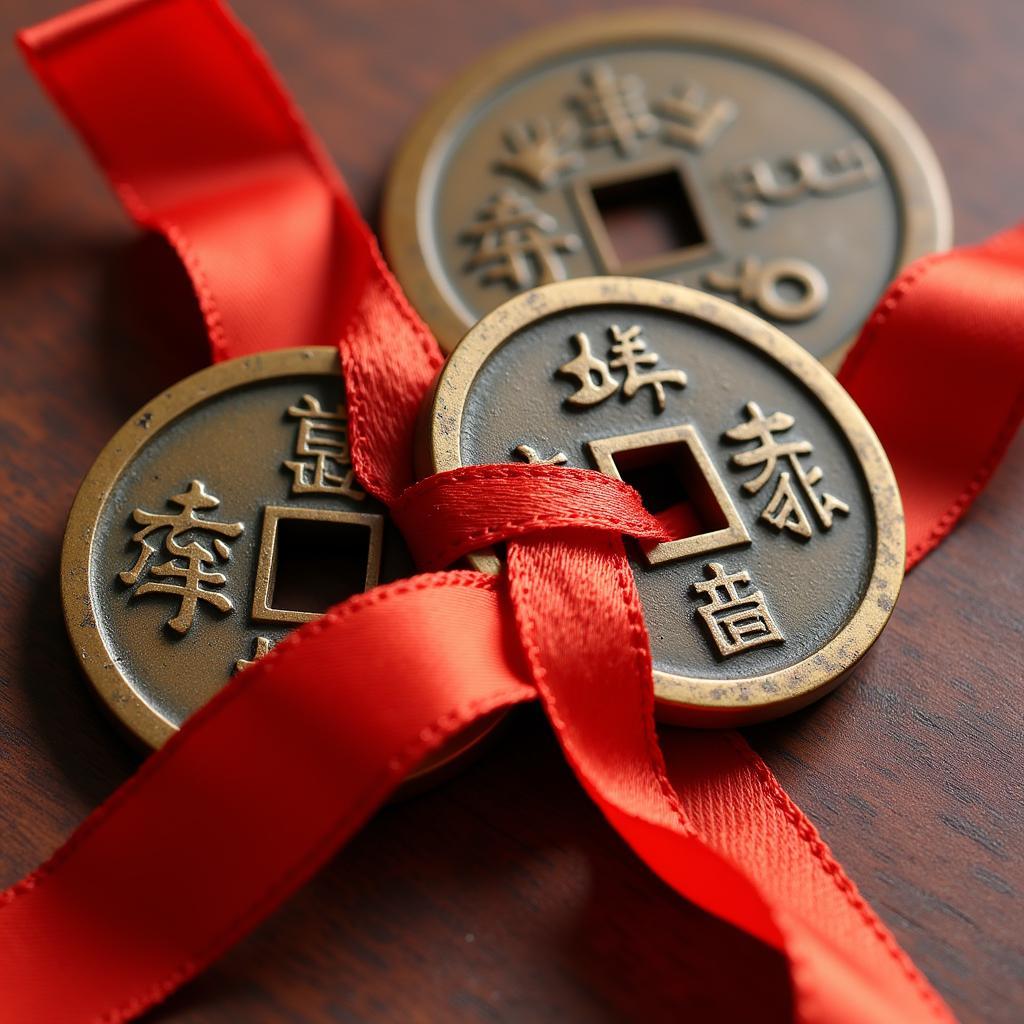 Three Old Chinese Coins tied with Red Ribbon