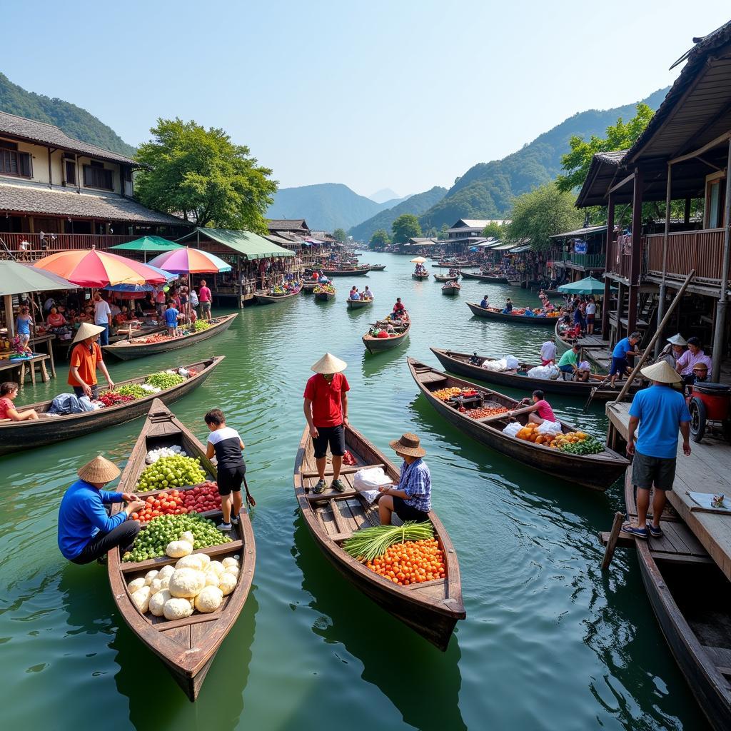 Chợ nổi Ngã Bảy Hậu Giang nhộn nhịp và sôi động với hàng hóa được bày bán trên ghe, xuồng.