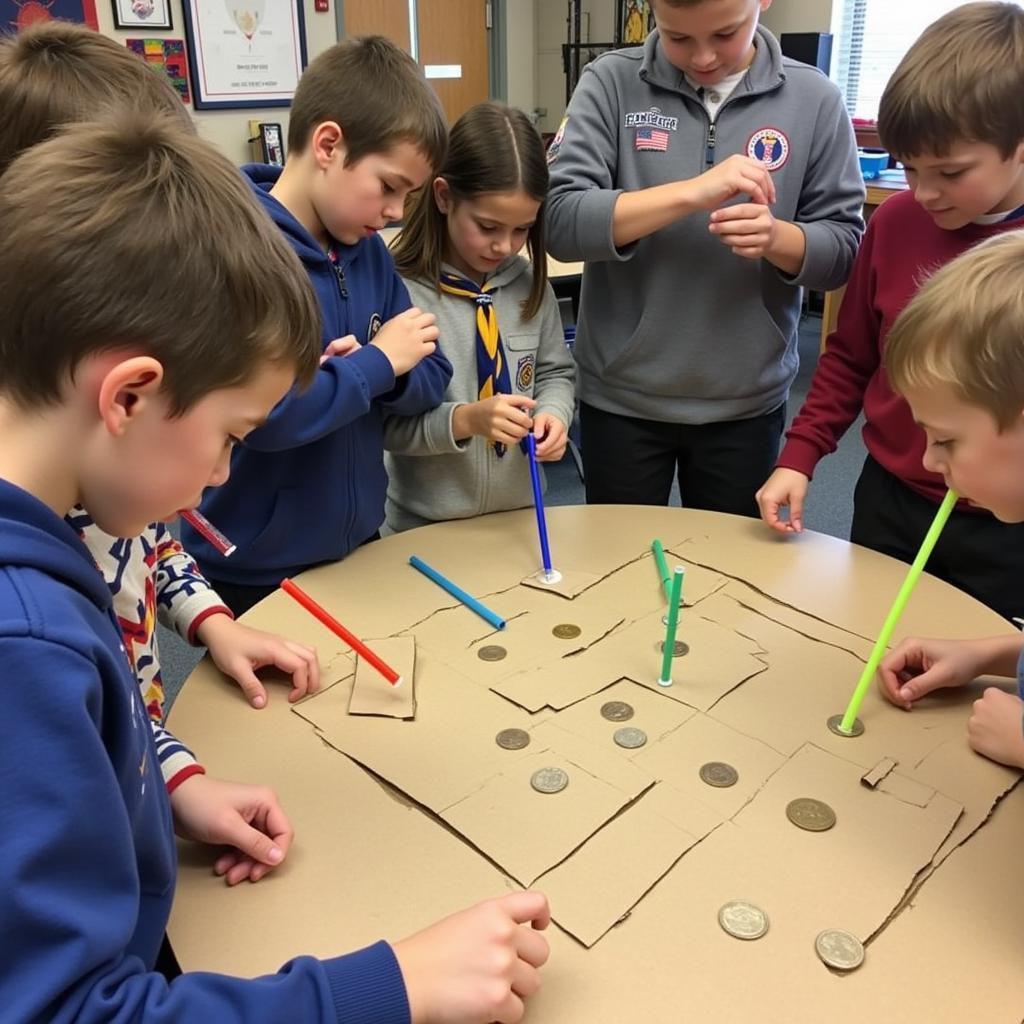 Cub Scouts navigating a coin through a maze using straws