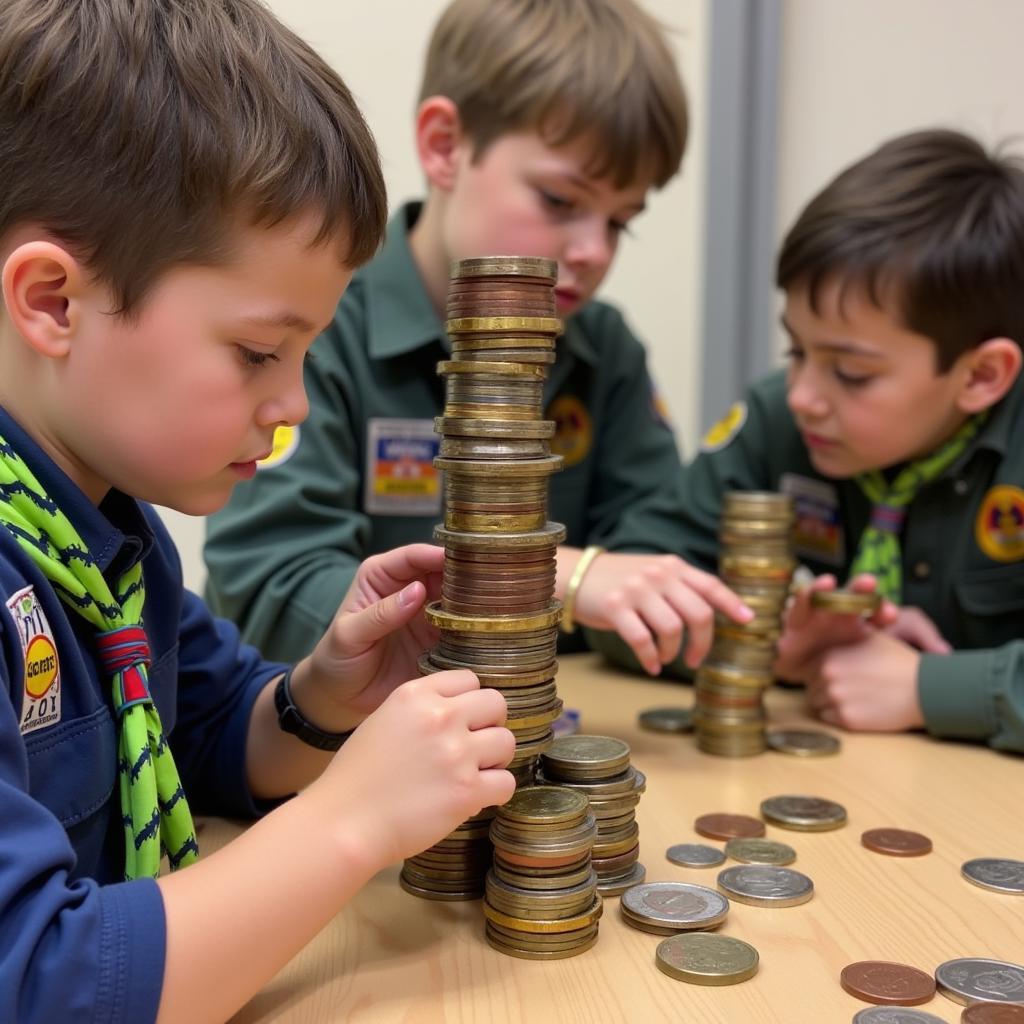 Cub Scouts building towers using coins