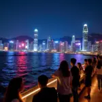 Du lịch Hongkong SaigonTourist ngắm cảnh Victoria Harbour về đêm.