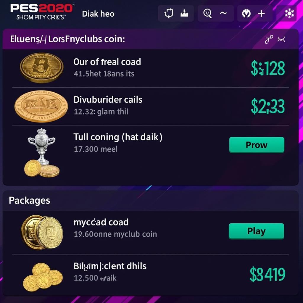 Giao diện mua coin PES 2020