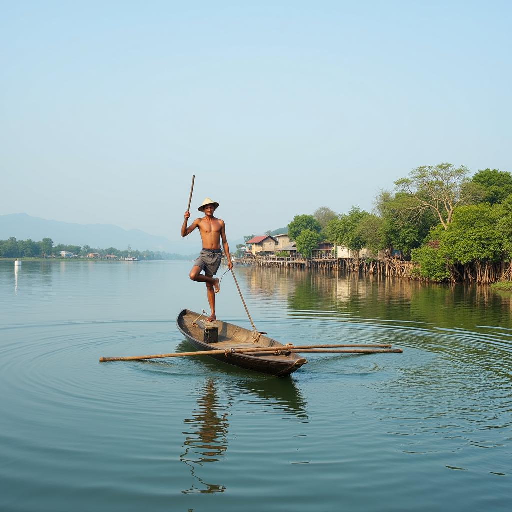 Người chèo thuyền bằng chân trên Hồ Inle, Myanmar