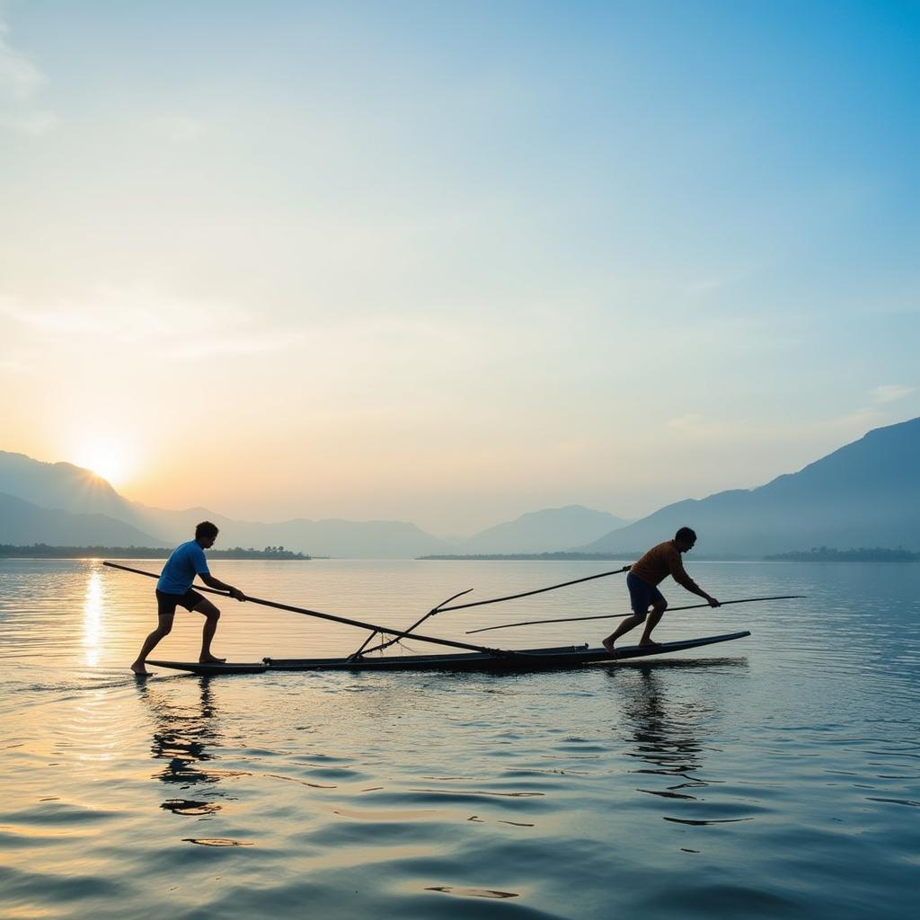 Người dân chài đánh cá trên hồ Inle