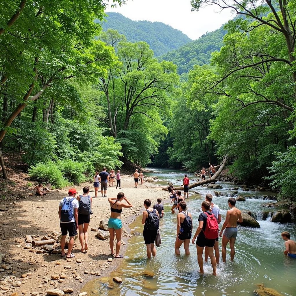 Du khách tham gia các hoạt động tại Núi Ngăm như trekking, cắm trại, tắm suối.