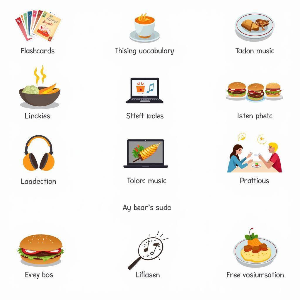 Hình ảnh minh họa các phương pháp học từ vựng tiếng Anh về thức ăn, bao gồm flashcards, xem phim, nghe nhạc và thực hành nói chuyện