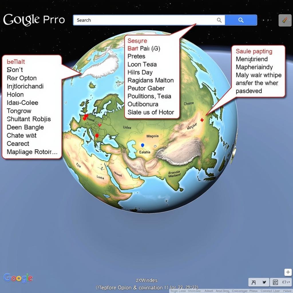 Giao diện Google Earth Pro: Tổng quan về các thành phần chính của giao diện Google Earth Pro, bao gồm quả địa cầu 3D, thanh tìm kiếm, công cụ điều hướng và bảng điều khiển.