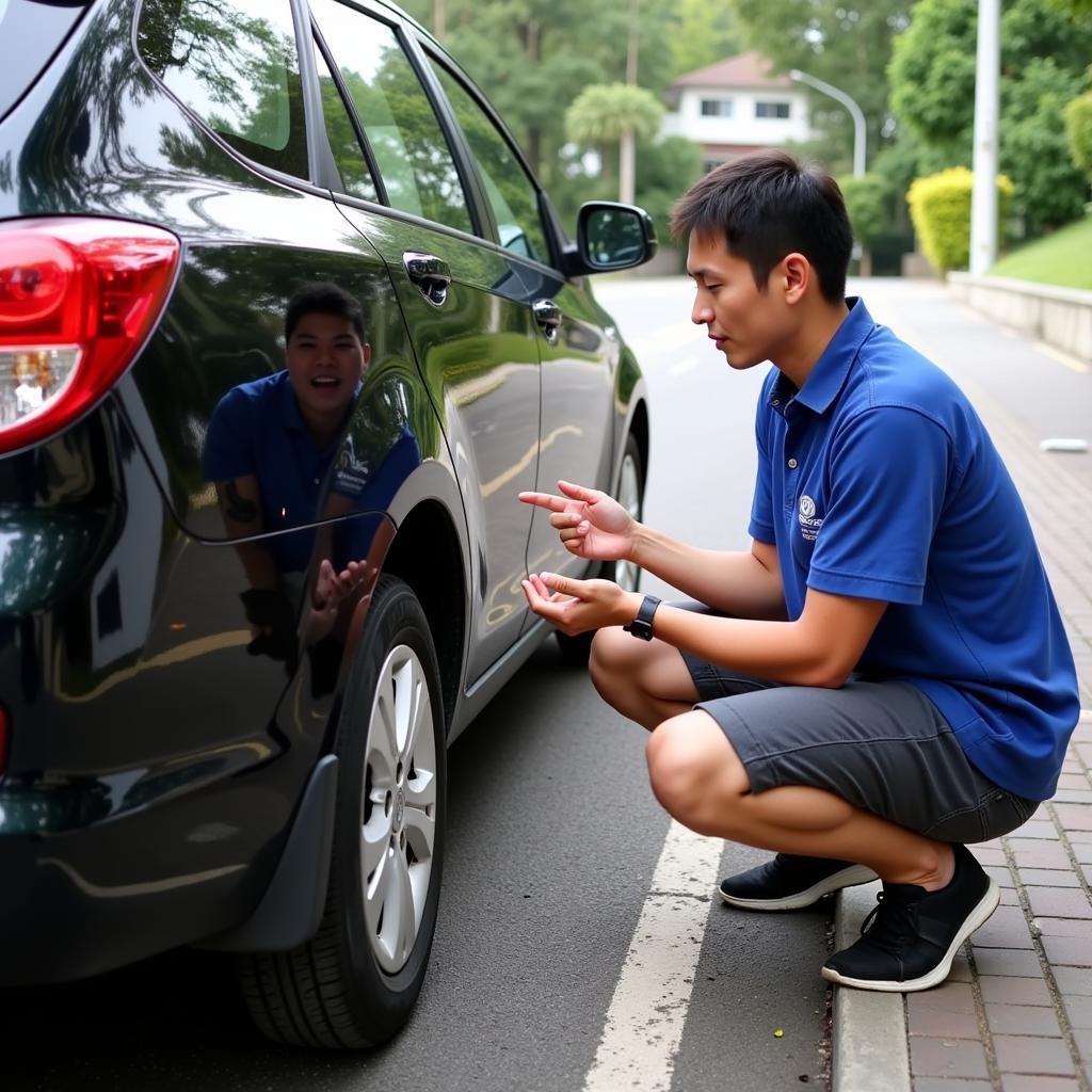 Khách hàng kiểm tra xe kỹ lưỡng trước khi thuê xe Tết tại Thái Bình