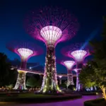 Khung cảnh về đêm tuyệt đẹp tại Gardens by the Bay, Singapore với Supertree Grove rực rỡ ánh đèn.