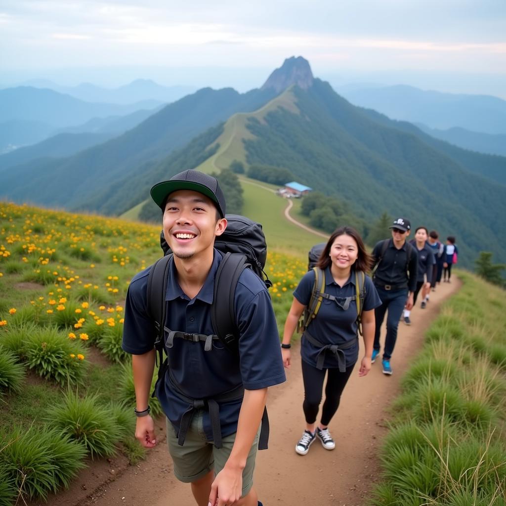 Hình ảnh du khách đang leo núi Hàm Rồng, với nụ cười rạng rỡ trên môi, tận hưởng không khí trong lành và khung cảnh thiên nhiên tuyệt đẹp.