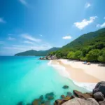 Bãi biển Nha Trang trong xanh, cát trắng mịn màng dưới ánh nắng vàng rực rỡ.