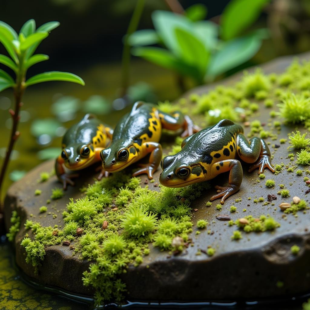 Nòng nọc ăn tảo và rong rêu. Hình ảnh nòng nọc đang gặm tảo trên một tảng đá dưới nước.