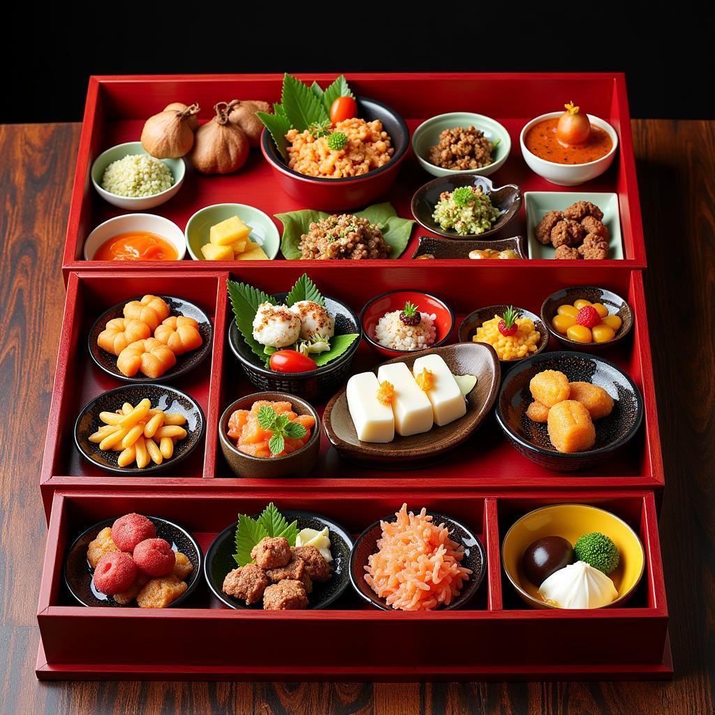 Osechi Ryori trong hộp sơn mài Jubako