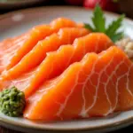 Sashimi cá hồi tươi ngon, được trình bày đẹp mắt trên đĩa, kèm wasabi và gừng.