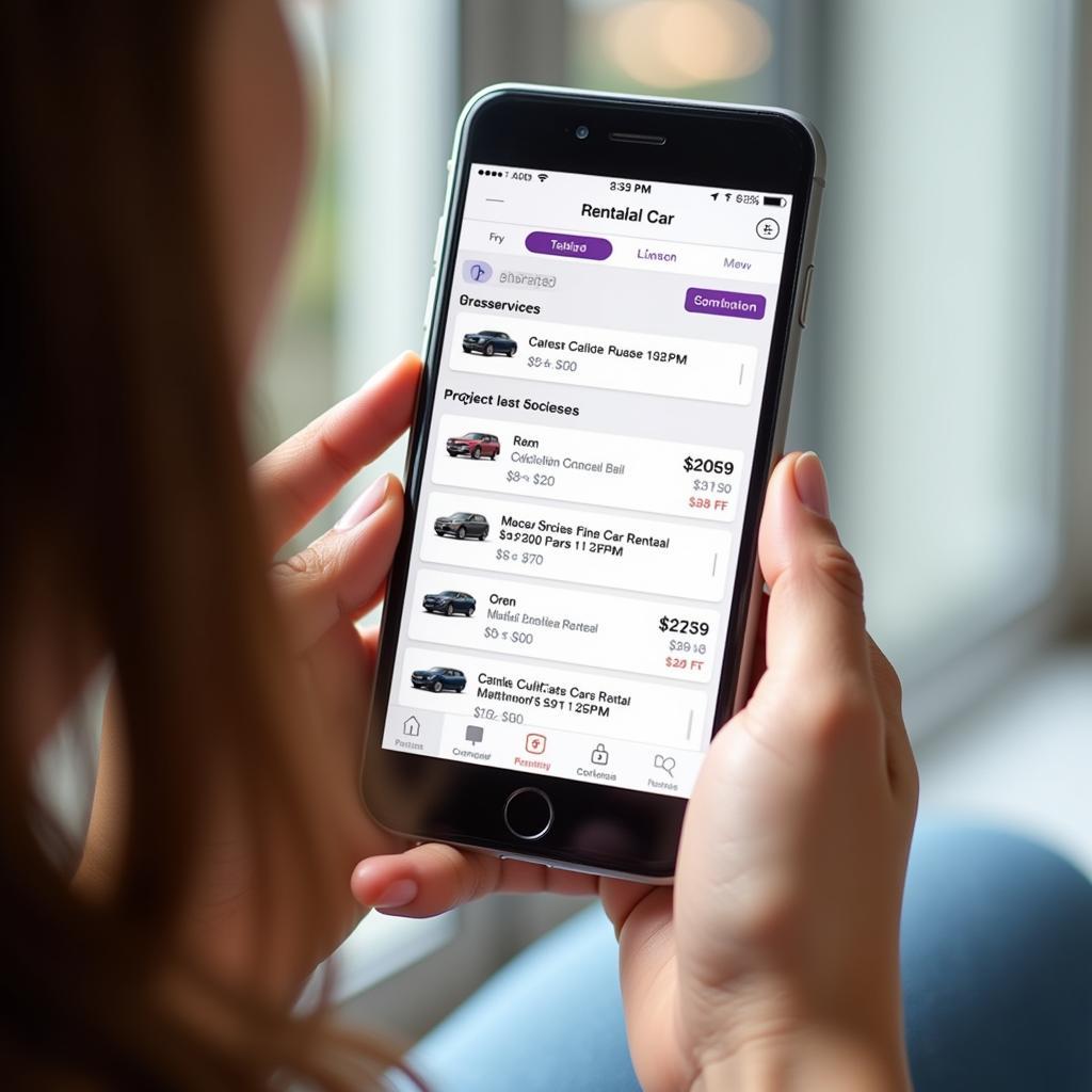 So sánh giá thuê xe Mazda: Hình ảnh một người đang sử dụng điện thoại để so sánh giá thuê xe từ các website khác nhau.
