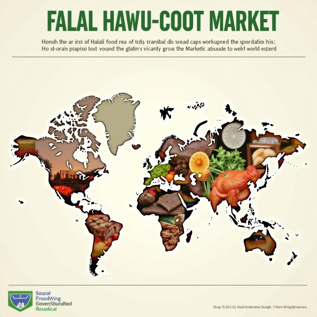 Thị Trường Halal Food: Hình ảnh biểu đồ thể hiện sự tăng trưởng của thị trường halal food toàn cầu, cùng với hình ảnh các sản phẩm halal đa dạng từ khắp nơi trên thế giới.