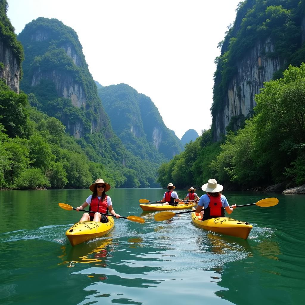 Du khách chèo thuyền kayak trên sông Son, Phong Nha Kẻ Bàng, tận hưởng khung cảnh thiên nhiên tuyệt đẹp.