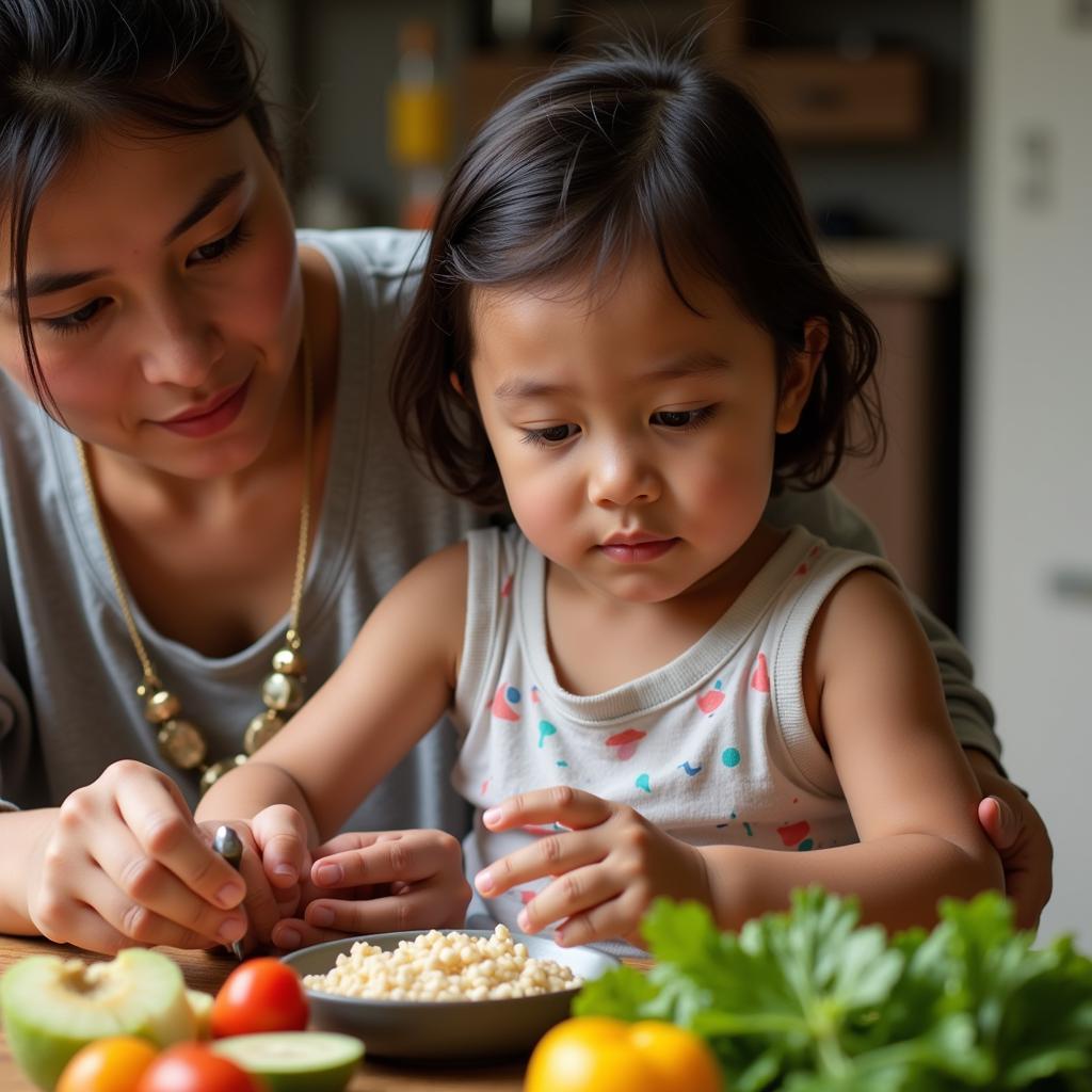 Mẹ đang chuẩn bị bữa ăn lành mạnh với rau củ quả tươi và ngũ cốc nguyên hạt cho bé bị tiêu chảy