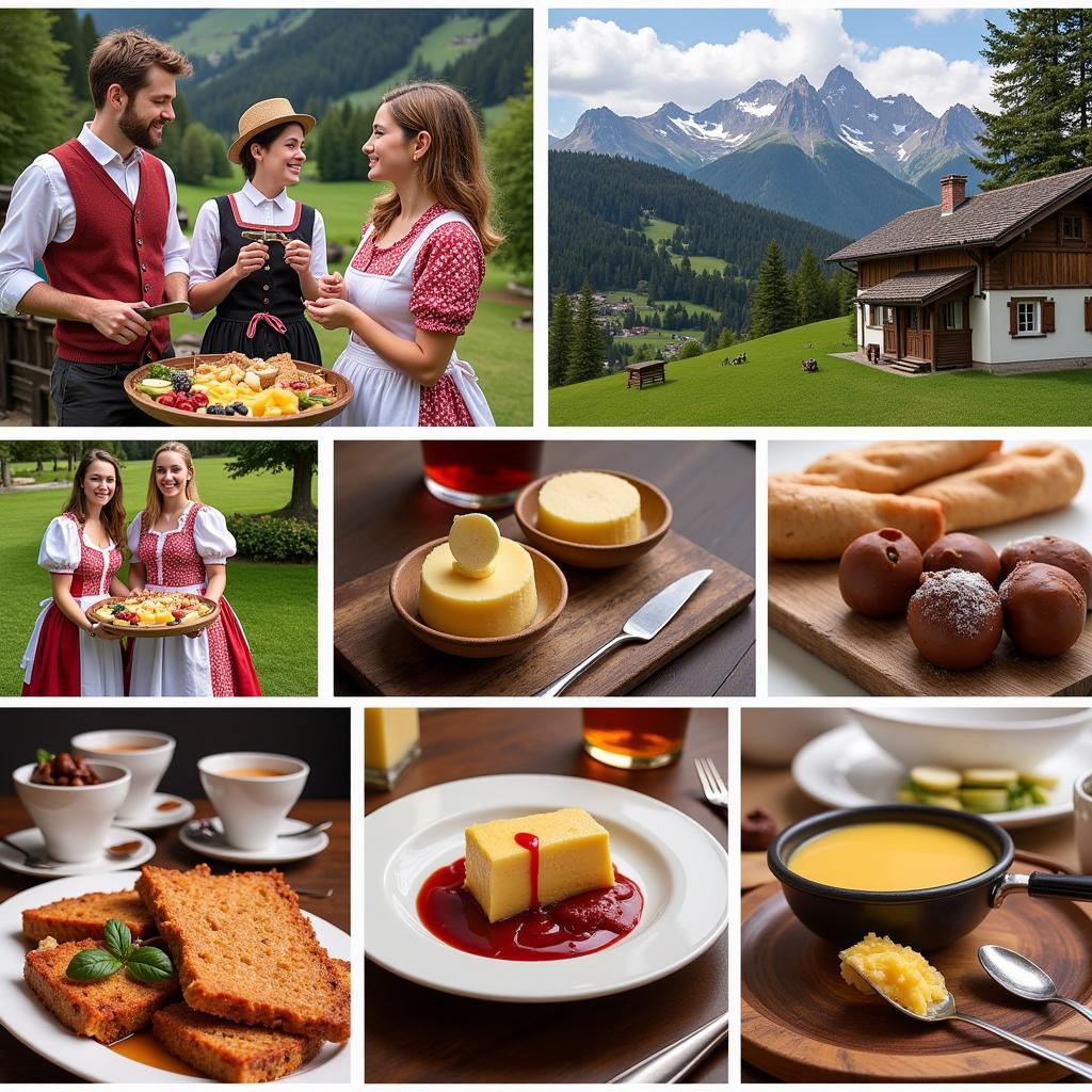 Hình ảnh minh họa về văn hóa và ẩm thực Switzerland, bao gồm fondue, raclette và chocolate